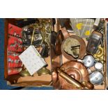 TWO BOXES OF METALWARES, including boxed Ashberry cutlery, assorted copper and stainless steel,