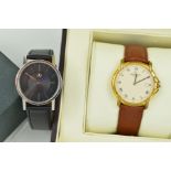 TWO WATCHES, Raymond Weil gold plated wristwatch on brown leather strap, beige Roman numeral dial