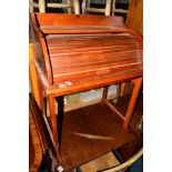 A STAINED PINE ROLL TOP DESK and a mahogany sofa table (sd) and a linen basket (3)