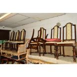 A SET OF SIX EARLY 20TH CENTURY OAK DINING CHAIRS and a set of five modern mahogany dining chairs (