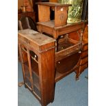 AN OAK TELEPHONE SEAT, an oak drop leaf tea trolley and an oak glazed single door bookcase (sd) (3)