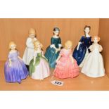 SEVEN SMALL ROYAL DOULTON FIGURES, 'Rose' HN1368, 'Marie' HN1370, 'Penny' HN2338, 'Bedtime'