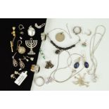 A SELECTION OF SILVER AND WHITE METAL JEWELLERY to include a pair of lapis lazuli cabochon earrings,