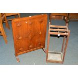 AN OAK UMBRELLA STAND with a tin tray and an oak firescreen (2)