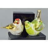 TWO BOXED ROYAL CROWN DERBY BIRD PAPERWEIGHTS, 'Greenfinch' and 'Goldfinch', with gold stoppers (2)