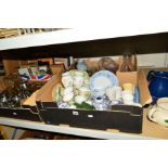 FOUR BOXES AND LOOSE CERAMICS, GLASS, METALWARES, etc, to include photo frames, Anniversary clock,