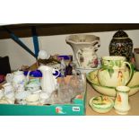 TWO BOXES AND LOOSE CERAMICS, GLASS, TABLE LAMP, etc, to include Aynsley coffee set, Myott Son &