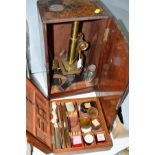 A BRASS MICROSCOPE IN FITTED WOODEN CASE, marked R.Field, New Street, Birmingham, with a quantity of