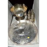 A MODERN SILVER PLATED CIRCULAR TRAY, a silver plated punch bowl with lion mask ring handles and a
