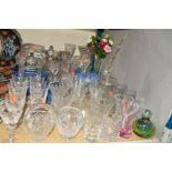 A GROUP OF CUT/COLOURED GLASSWARE to include boxed Gleneagles crystal bowl, boxed Tutbury crystal