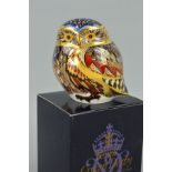 A BOXED ROYAL CROWN DERBY PAPERWEIGHT 'Little Owl' with gold stopper