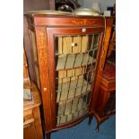 AN EDWARDIAN MAHOGANY AND FOLIATE INLAID LEAD GLAZED SINGLE DOOR DISPLAY CABINET, width 76cm x depth