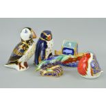 FIVE ROYAL CROWN DERBY SECONDS PAPERWEIGHTS, 'Rockhopper Penguin', 'Robin', 'Baby Bottlenose