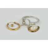 A 9CT WHITE GOLD RING MOUNT AND SOME JEWELLERY PIECES, the ring mount with a vacant square four claw