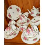 ROYAL ALBERT 'PRAIRIE ROSE' TEAWARES to include teapot, milk jug (hairline), sugar bowl, six 21cm