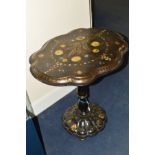 A VICTORIAN PAPIER MACHE TILT TOP TEA TABLE, of an shaped oval form, black lacquered mother of pearl
