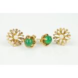 TWO PAIRS OF GEM SET EARRINGS to include a green dyed agate cabochon cut stud, a floral design