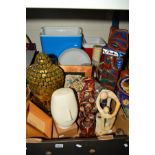 TWO BOXES AND LOOSE SUNDRY ITEMS to include carvings, modern Studio sculptures, empty tins, picnic