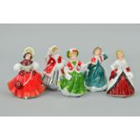 FIVE ROYAL DOULTON CHRISTMAS MINIATURE FIGURES, 'Christmas Skater' M220, 'The Ermine Coat' M221, '