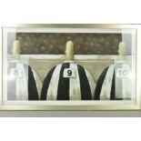 IAN RAWLING (BRITISH CONTEMPORARY) 'FOOTBALLERS', three male figures wearing black and white striped