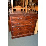 A VICTORIAN FLAME MAHOGANY CHEST of two short and three long drawers with turned handles, width