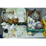 TWO BOXES AND LOOSE CERAMICS, GLASS, BAROMETER ETC, to include Aynsley 'Orchard Gold' covered urn,