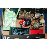 A BOX OF SUNDRY ITEMS, etc to include 'Jolly' money bank, jewellery boxes, musical beer steins, etc
