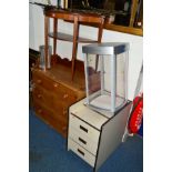 A TEAK DEMI LUNE HALL TABLE, a three drawer file chest and a table top jewellery display cabinet (