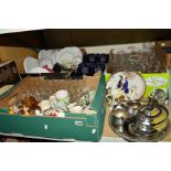 THREE BOXES AND LOOSE CERAMICS, GLASS, METALWARE, etc to include three piece EPNS tea service,