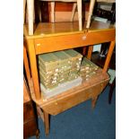 A 20TH CENTURY BEECH DOUBLE SCHOOL DESK, together with a pine drop leaf table and a praktica