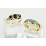 TWO 9CT GOLD GEM SET RINGS, the first designed with four oval opal doublets and one vacant