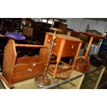 AN OAK BARLEY TWIST SEWING CABINET with a hinged top, a teak hexagonal topped tripod table, an oak