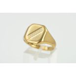 A 9CT GOLD GENT'S SIGNET RING, rectangular head with double line detail, ring size S, hallmarked 9ct