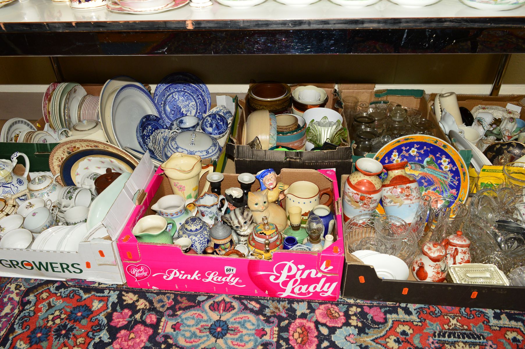EIGHT BOXES OF ASSORTED TEA/DINNERWARES AND GLASS ETC, to include blue and white wears, Aynsley,