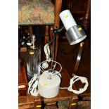 A BELLEEK POTTERY WHITE GLAZED TABLE LAMP, a glass cylindrical table lamp and a Prona desk lamp (3)