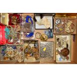 A BOX OF MAINLY COSTUME JEWELLERY, to include a lady's gold plated Tissot watch, a hinged silver