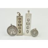 TWO SILVER INGOT PENDANTS AND TWO ST CHRISTOPHER PENDANTS, the ingot pendants of rectangular outline