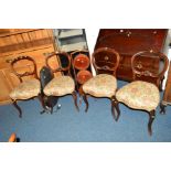A SET OF FOUR VICTORIAN ROSEWOOD BALLOON BACK CHAIRS, an Edwardian folding cake stand and an