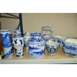 A GROUP OF BLUE AND WHITE ORIENTAL ITEMS to include vase with cover depicting various Oriental