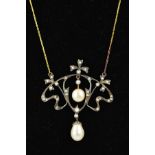 FANCY OPEN WORK DESIGN DIAMOND, cultured fresh water pearl and simulated pearl pendant (assessed