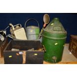 A GALVANISED TWIN HANDLED BUCKET, watering can, an enamel jerry can and a wooden crate with two