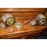 TWO VARIOUS OAK CASED MANTEL CLOCKS, a small eight day wall clock, another Smith wall clock, a