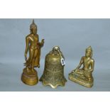 A BRASS TEMPLE BELL, missing clanger, height 21.5cm, together with two Oriental deity figures,
