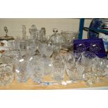 A QUANTITY OF CUT/CLEAR GLASSSWARES to include decanters, boxed Edinburgh Crystal brandy glasses,