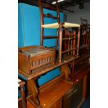 AN OAK TELEPHONE SEAT, three georgian oak rush seated chairs, a teak drop leaf trolley and a hanging