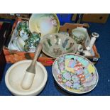 A BOX AND LOOSE 20TH CENTURY JAPANESE TEAWARES, other Oriental ceramics and a pestle and mortar,
