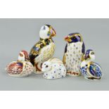 FIVE ROYAL CROWN DERBY PAPERWEIGHTS, 'Swimming Duckling' gold stopper, 'Sitting Duckling' silver