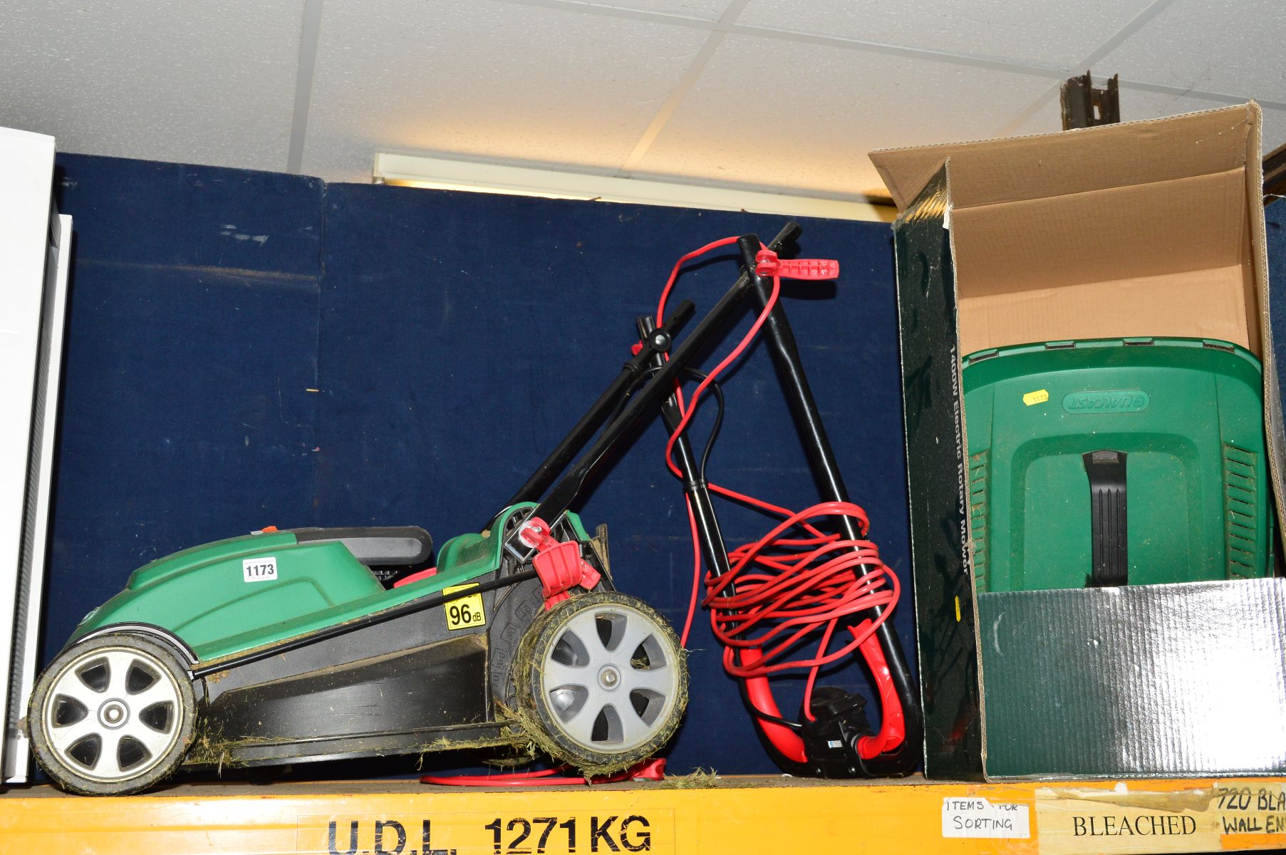 A QUALCAST ELECTRIC LAWN MOWER WITH GRASS BOX