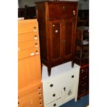 A PAINTED CHEST OF DRAWERS/CUPBOARD, an oak fall front gramophone case and a mahogany three drawer