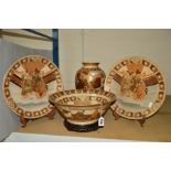 FOUR LARGE PIECES OF JAPANESE SATSUMA WARE, to include bowl, diameter 33cm, on carved stand, a vase,